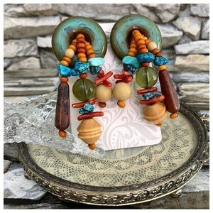 Vintage Signed Les Bernard Turquoise Coral Wooden Disc Beads Statement Earrings